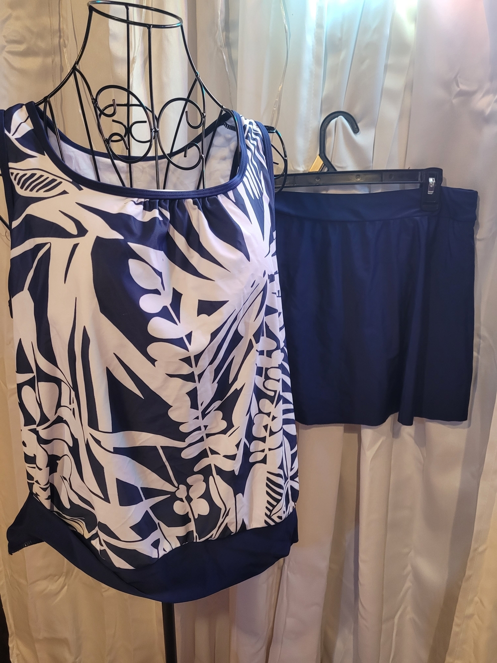 Amazon Navy Blue and White Printed Tankini with Swim Skirt